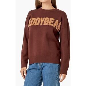 English Factory TEDDYBEAR Sweater Brown Fuzzy Knit Graphic Cozy Crewneck Size L